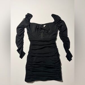 Oh Polly Black Long Sheer Sleeve Ruched Corset Dress w/tie Bodycon